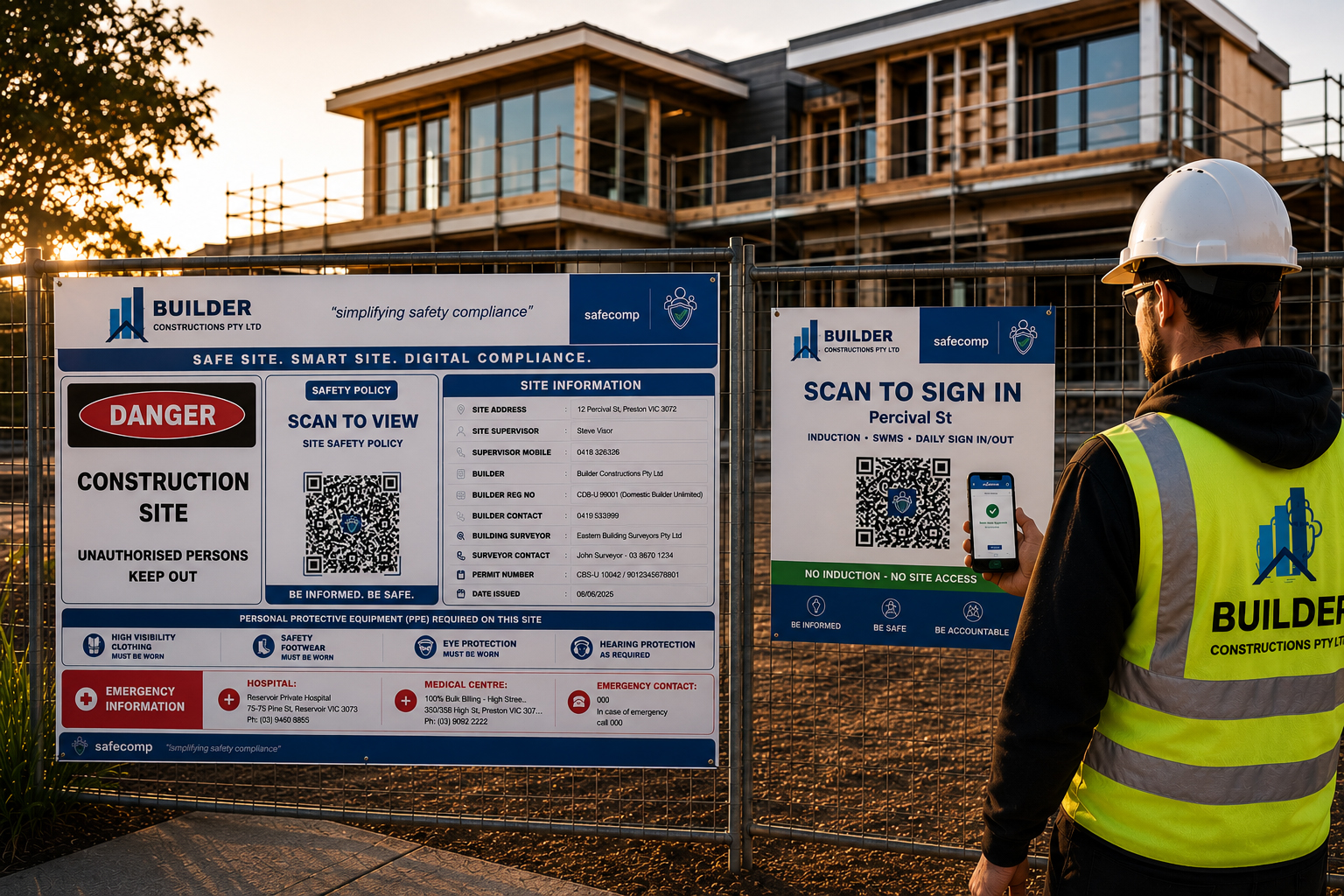Residential construction site with SafeComp signage on temporary fencing